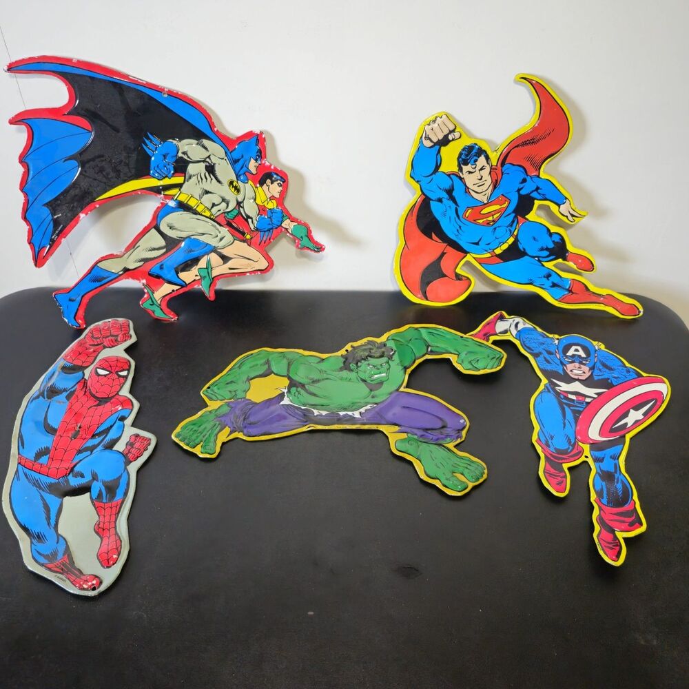 Vintage Marvel & DC Comics Die-Cut Embossed Metal Tin Sign Lot (Set of 5)